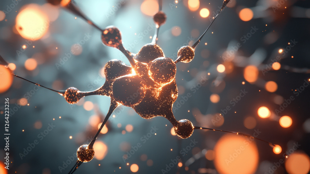 Poster illuminated atomic particles interconnected in vibrant display, showcasing beauty of molecular struc