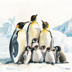Obraz premium Penguins and chicks looking happy on ice enjoying family love and winter weather
