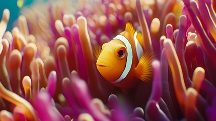 Vibrant clownfish in anemone coral reef close-up underwater photography