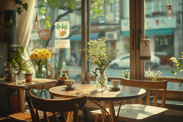 Bright Modern Cafe Interior with Wide Windows and Natural Light