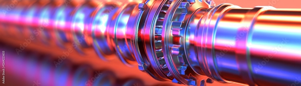 Poster detailed close-up of a metallic pipe with circular gears and colorful light reflection enhancing ind