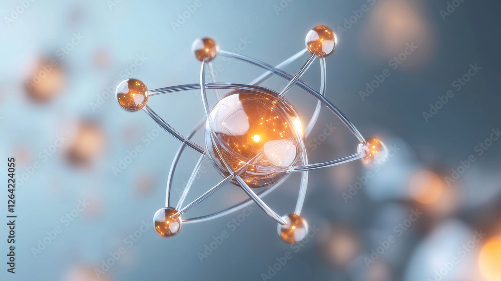 Poster vibrant atomic structure with glowing particles, showcasing intricate details and soft glow, represe