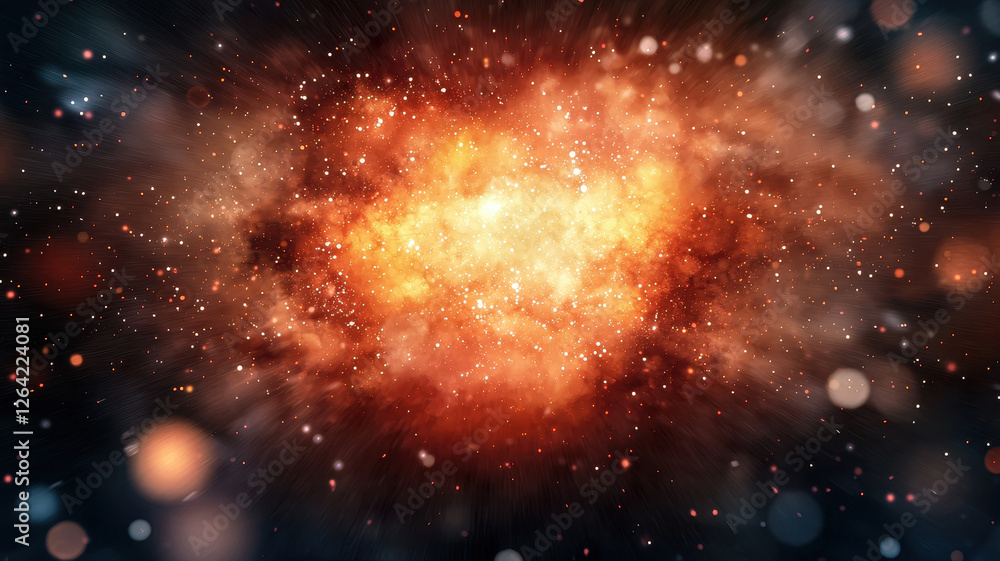 Poster vibrant explosion of cosmic energy with glowing particles and dynamic motion creates mesmerizing vis