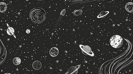 Cosmic exploration illustration featuring various planets, stars, and a rocket in a dark space backdrop
