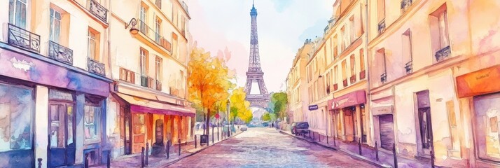 Fototapeta premium Eiffel Tower stands tall amid colorful autumn streets of Paris with vibrant trees and charming cafes in soft morning light. Generative AI