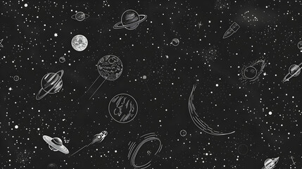 Naklejka premium Cosmic illustration featuring planets, stars, and rockets in a whimsical space scene, ideal for educational use