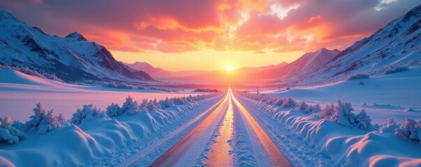 Snowy landscape with road leading into sunrise, road, mountainous