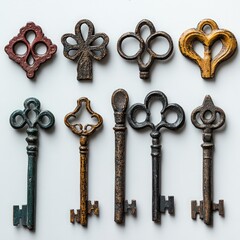 Eight antique keys with ornate, colorful metal designs arranged on a white background.