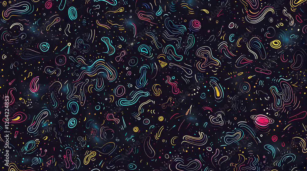 Poster abstract cosmic patterns with vibrant colors and fluid shapes on a dark background, perfect for digi
