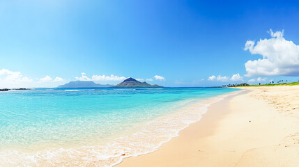 Obraz premium Expansive panoramic view of a golden sandy beach under clear blue skies, banner format with ample copy space, perfect for travel, summer, and coastal scenery