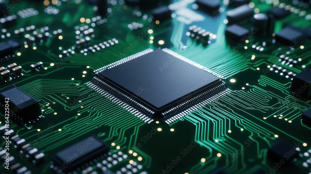 Poster detailed close-up of a modern microchip on a green printed circuit board with intricate electronic c