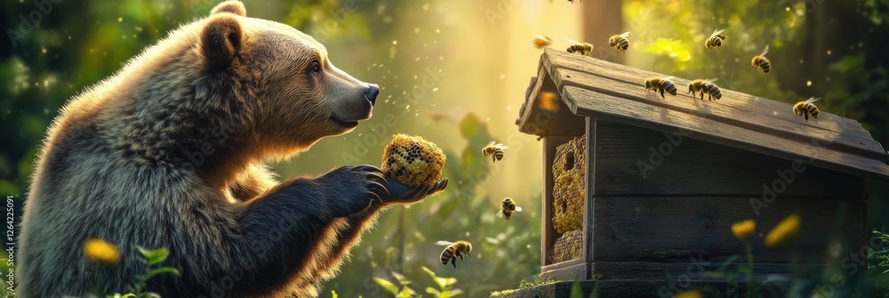 Poster bear interacting with bees near a beehive in a sunlit forest setting during early morning hours. gen