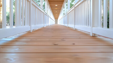 Fototapeta premium Wooden walkway, white railings, bright hallway, perspective view, real estate