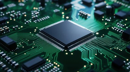 Obraz premium Detailed close-up of a modern microchip on a green printed circuit board with intricate electronic components