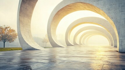 Obraz premium Serene architectural landscape featuring curved concrete structures under soft morning light