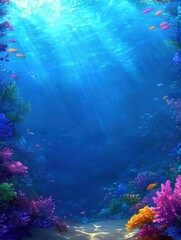 Fototapeta premium A vibrant underwater scene featuring colorful corals, shimmering light rays, and a tranquil blue background, showcasing the beauty of marine life.