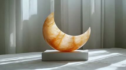 Elegant crescent-shaped lamp made of translucent stone, casting warm light in a serene indoor setting