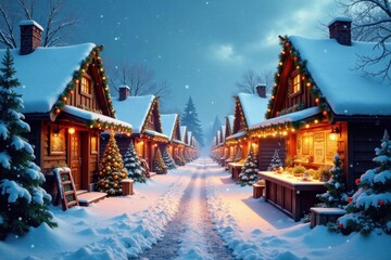 Snowy village scene with Christmas market stalls and decorations, festive decorations, twinkling lights