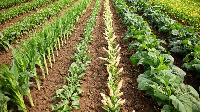Aerial view of a farm practicing intercropping with tall and short crops planted together for mutual benefit.