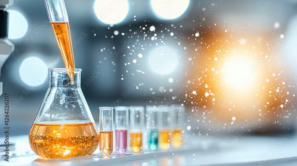 Poster scientific research lab experiment with test tubes and flask