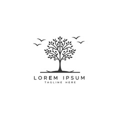 Obraz premium Elegant Tree Logo Design with Birds in Minimalist Black and White Style