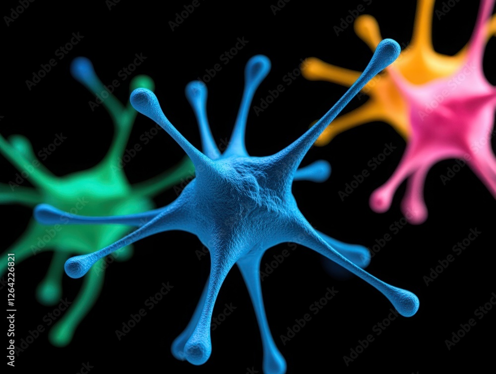 Poster colorful abstract microorganisms floating in space with unique shapes and textures against a black b