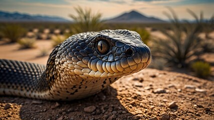 Fototapeta premium Venomous Majesty: Cobra Rising with Hood Flared in Desert Landscape