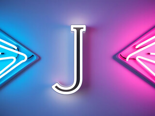 A glowing 4D letter "J" surrounded by a dynamic blend of vibrant blue and pink neon lights