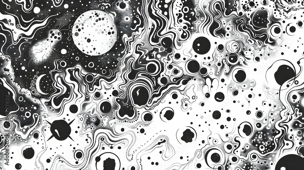 Aufkleber abstract black and white cosmic design featuring swirling patterns and circular shapes resembling sp