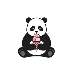 Cute Cartoon Panda Eating Ice Cream Cone with Pink Scoops
