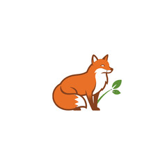 Illustration of a Sitting Fox with a Green Plant