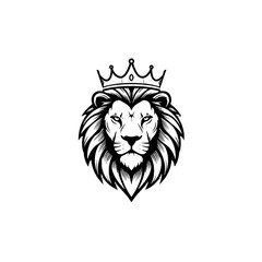 Elegant Lion Head with Crown in Black and White Line Art