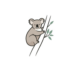 Cartoon Style Koala Hugging a Tree Branch with Green Leaves