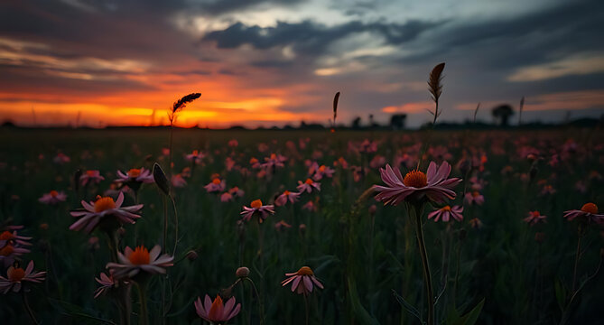  A dramatic scene with Hatai Yatthip flowers in a field at dusk, rich colors and subtle lighting 