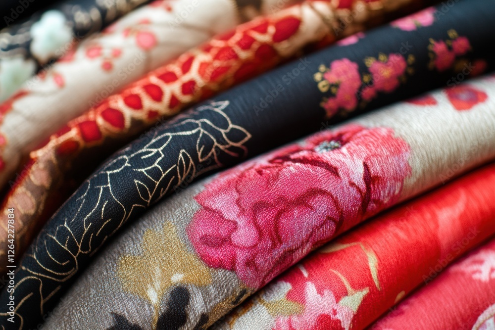 Fototapete close up view of vibrant patterned fabrics with floral and geometric designs suitable for various te