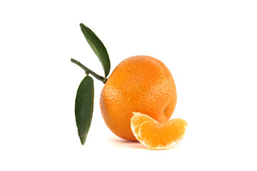 Fresh Orange with Leaves on White Background and Orange Slice Display