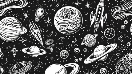 Cosmic Exploration Theme Featuring Planets, Rockets, and Stars Against a Dark Background