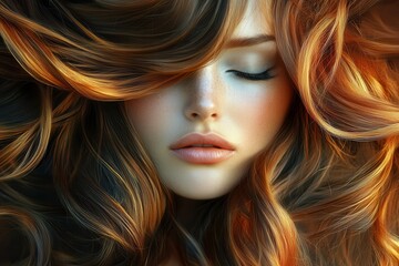Fototapeta premium Woman With Long Flowing Hair Captured in a Photorealistic Artistic Style Showcasing Texture and Color. Generative AI