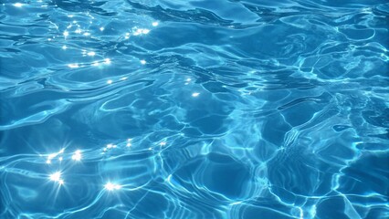 Obraz premium Blue and bright water surface with sun reflection in swimming pool for background. blue water wave texture background. Pure blue turquoise water texture of the ocean sea with foam from waves