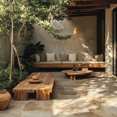 Elegant outdoor living space showcasing natural wood and stone elements