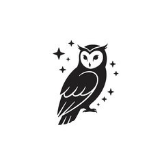 Majestic Owl Silhouette with Starry Background in Minimalist Black and White Design