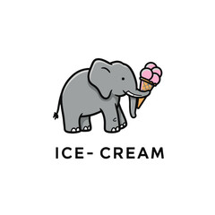 Whimsical Elephant Character Holding a Pink Ice Cream Cone on White Background