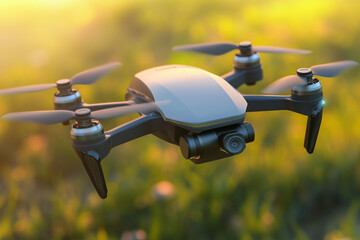 High-tech camera drones with sleek designs, one hovering mid-air at sunset and another resting on pavement, showcasing advanced aerial technology.  
