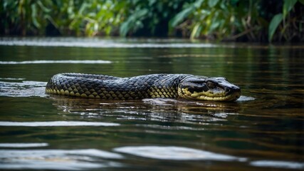 Fototapeta premium Anaconda in the Amazon: Majestic Predator Amidst Lush Greenery
