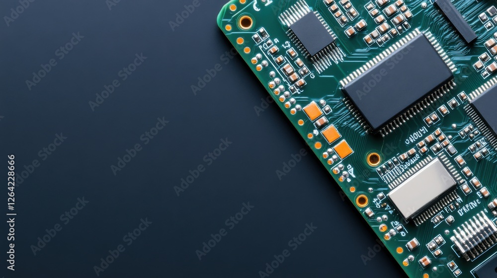 Poster close-up view of a green circuit board with microchips and electronic components on a dark backgroun