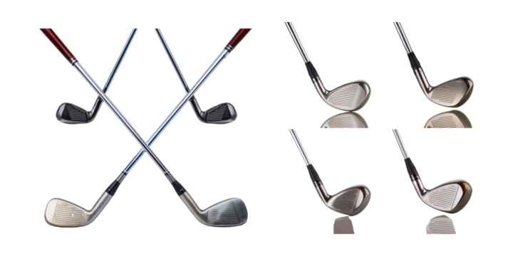 Crossed Golf Clubs with Close Up Views of Clubheads and Shafts, isolated on transparent background