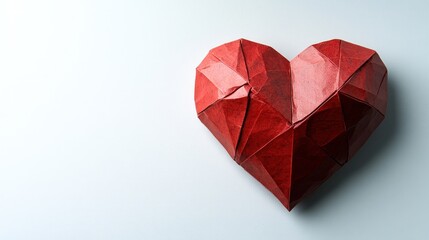 Red origami heart with geometric design on white background.