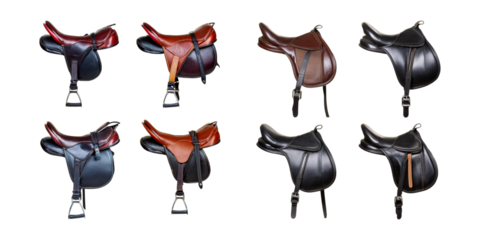 Collection of Various Horse Riding Saddles in Different Styles, isolated on transparent background