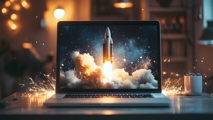 Home office laptop, rocket launch screen, starlit background, sparks, startup