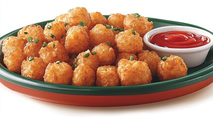 A side of crispy tater tots served with a side of ketchup or ranch dipping sauce
